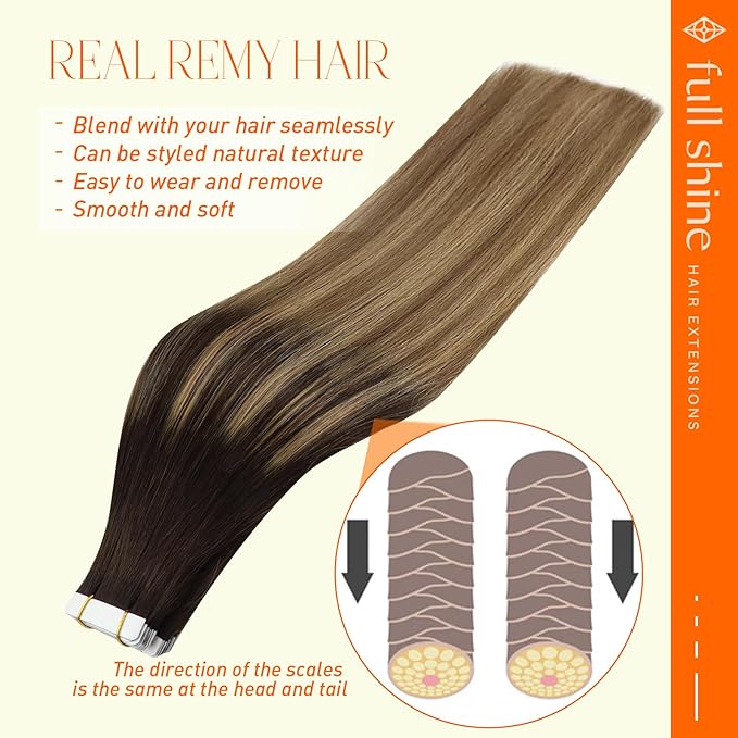Full Shine Tape in Hair Extensions Human Hair 18Inch Color 2 Brown Fading To 8 Ash Brown And 27 Blonde 20Pcs Remy Hair Extensions Tape In Double Sided Natural 50 Gram Soft Invisible Seamless