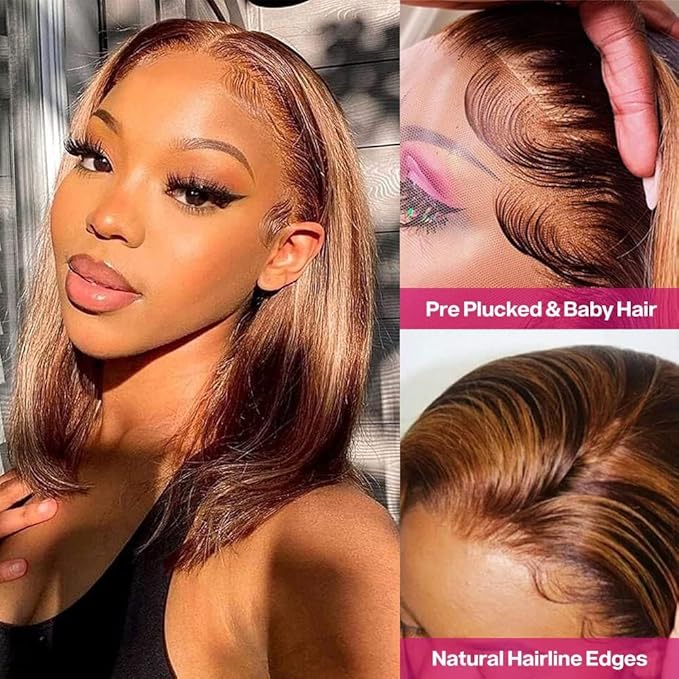 4/27 Ombre Highlight Bob Wig Human Hair 8 inch straight 427 bob wig 13x4 Highlight HD Lace Frontal Bob Wig Human Hair 180% Density Pre Plucked Ombre Short Bob Wigs for Black Women