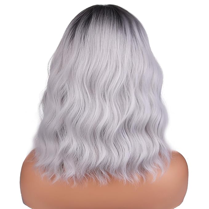 BERON 14 Inches Silver Wig for Women Silver Gray Wig Short Curly Synthetic Wigs with Bangs Ombre Grey Wigs Hairnet Include