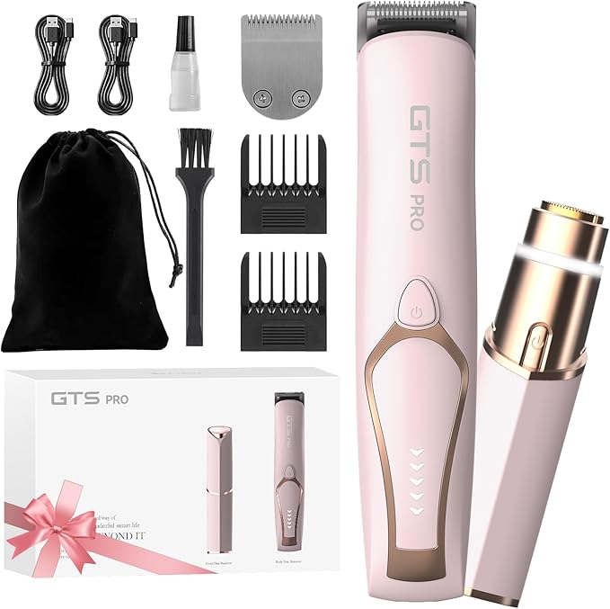 Bikini Trimmer for Women Electric Razor 2 Pack Dual Head Body & Facial Hair Remover -Waterproof USB Rechargeable with Replacement Ceramic Blades, Travel Pouch & Packaging Box(Pink)