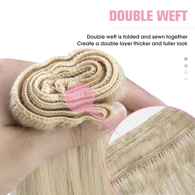 YoungSee 125G Weft Hair Extensions Human Hair Platinum Blonde Sew in Hair Extensions Blonde Remy Hair Weft Extensions for Long Hair 22 inch