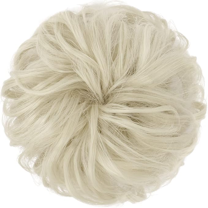 FESHFEN Messy Bun Hair Piece - Elastic Wavy Curly Hair Bun Scrunchies Extensions Synthetic Chignon Hairpieces for Women Girls, Ash Platinum Blonde 1.5 oz