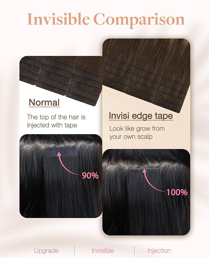 GOO GOO Invisi Edge Tape in Hair Extensions Human Hair, 4/18 Balayage Chocolate Brown Highlighted Dirty Blonde 10pcs injected with 10pcs classical tape ins, 18inch 50g, Virgin Remy Hair, Natural Look