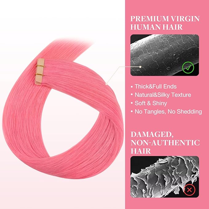 GOO GOO Tape in Hair Extensions Human Hair, Light Pink, 10inch 20g 10pcs, Colored Tape ins Human Hair Extensions, Silky&Soft Invisible Tape Ins, Hair Highlighted for Party
