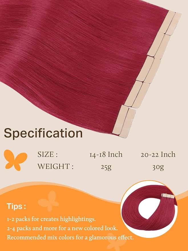 DOORES Human Hair Extensions Tape in Hair, Burgundy Red Tape in Hair Extensions, Human Hair Straight, 30g 10pcs 22 Inch, Burgundy Red