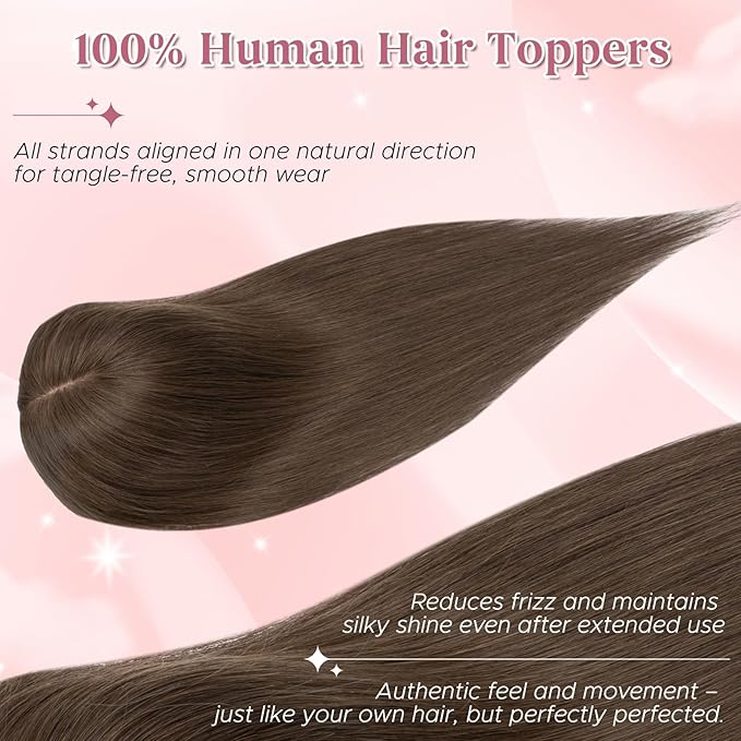 Real Human Hair Toppers for Women 3.54"*4.72" Silky Base 150% Density No Bangs Adjustable Parting Clip-In Topper Hairpieces for Women with Thinning Hair 16 Inches Natural Brown