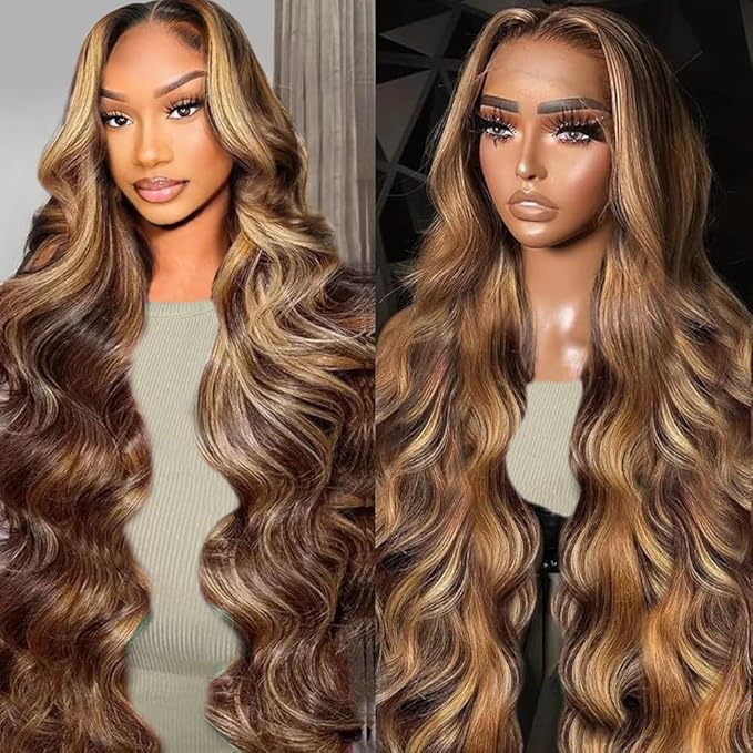 Honey Blonde Lace Front Wig Pre Plucked 13x6 HD Lace Front Wigs Human Hair 220 Density Ombre Highlight Wig Body Wave Wig P4/27 Colored for Women Human Hair Wig 28 Inch