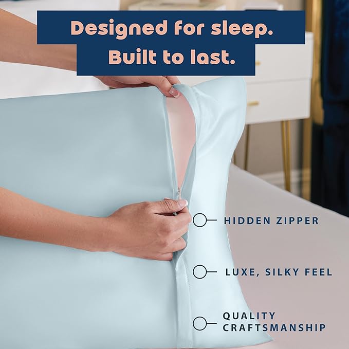 BLISSFORD Satin Pillowcase with Zipper, for Hair and Skin Care, Feels Soft and Cool Like a Silk Pillowcase, Satin Pillow Cases 2 Pack, Slik Pillow Cover, Baby Blue - Queen Size, Set of 2