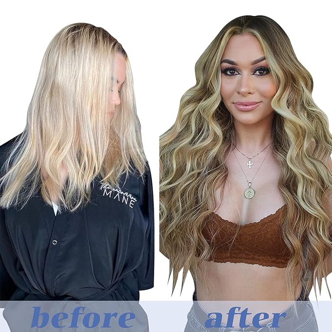 GOO GOO Clip in Hair Extensions Real Human Hair, Remy Human Hair Extensions Clip ins for Women, Natural Human Hair, 20inch 120g 7Pcs, 8A/22 Medium Brown Highlighted Golden Blonde