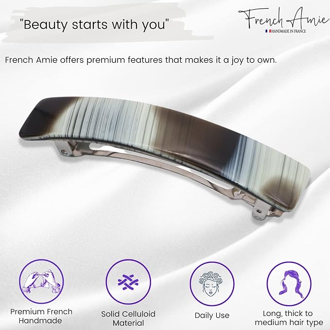 French Amie Oblong Handmade 3.5" Celluloid Automatic Hair Clip Barrette French Hair Clip for Girls Strong Hold Hair Clips for Women No Slip Durable Paris Hair Accessories, Made in France (Ivory Black)