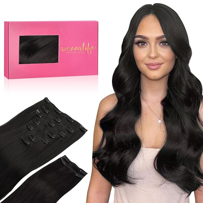 WENNALIFE Clip in Hair Extensions, 150g 24 Inch 9pcs Natural Black Remy Hair Thicker Double Weft Extensiones De Cabello Humano Con Clip Ins Straight Full Volume