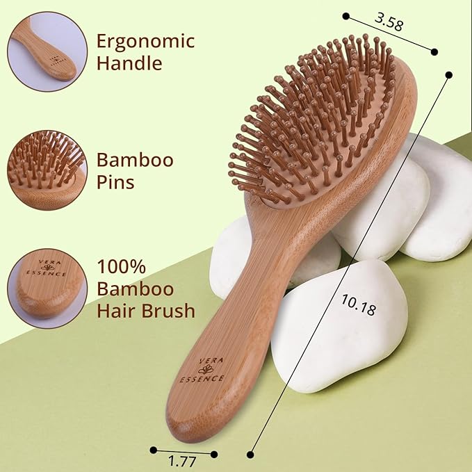 Bamboo Brush for Hair Growth — Natural Bristle Brush for Detangling, Reduces Breakage, Massaging Scalp Thick/Thin/Curly/Dry/Wet Hair — Wooden Paddle brush w/Ergonomic Handle Ideal for Women & Men