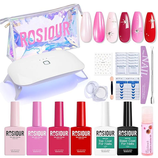 Gel Nail Polish Kit with U V Light, Hema-Free Bright Red Light Baby Pink Violet Pink Summer Gel Polish Set with Base & Top Coat Chrome Nail Powder, 4 Colors Mini Salon Nail Art Starter Gift for Women