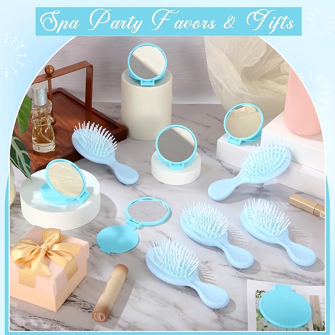 Meanplan 24 Pcs Mini Hair Brush Set 12 Travel Wet Dry Hair Combs Pocket Detangling 12 Compact Folding Makeup Mirrors for Spa Sleepover Birthday Bridal Shower Bachelorette Christmas Party Gift(Blue)