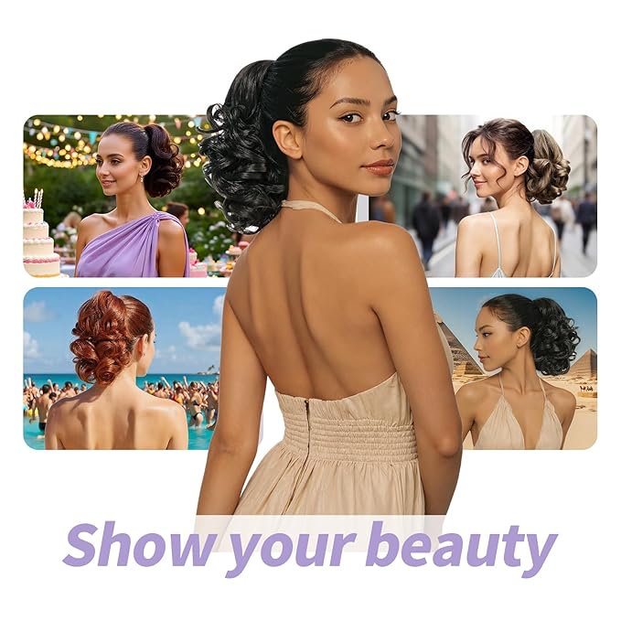 Brown Ponytail Extensions,9" Short Curly Wavy Claw Clip Pony tails Hair Extensions Natural Soft Synthetic Hairpiece for Women