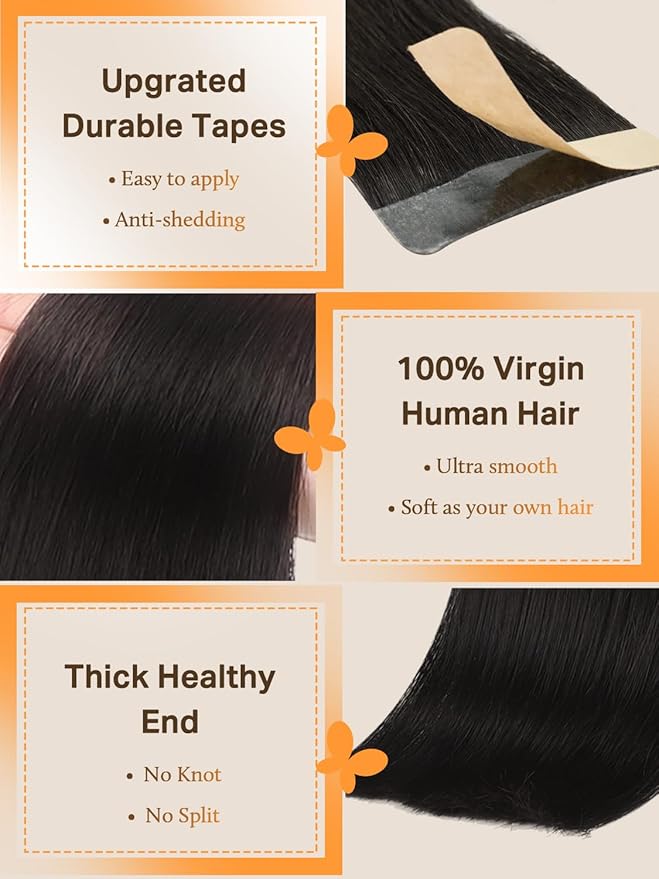 DOORES Human Hair Extensions, Jet Black 20 Inch 50g 20pcs, Tape in Hair Extensions Skin Weft Seamless Tape in Real Remy Straight Hair for Women