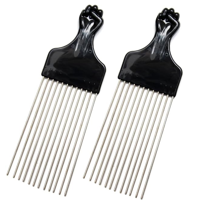 (2 Pack) 8" Long Black Fist Metal Afro Pick Lift Hair Comb Detangle Wig Braid Hair Man Styling Comb