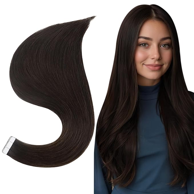 Full Shine Hair Extensions Real Human Hair Invisible Tape in Color Dark Brown 18Inch Straight Seamless Real Remy Skin Weft Tape in Extensions 20Pcs 50Grams Silky Hair Add Volume