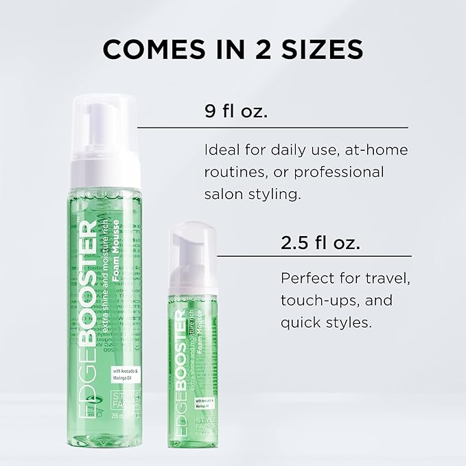 Style Factor EDGE BOOSTER Extra Shine & Moisture Rich Foam Mousse | Lightweight Styling for Curls, Waves, Braids, Locs & Protective Styles | Volume & Shine | with Peppermint & Tea Tree Oil | 9 fl oz
