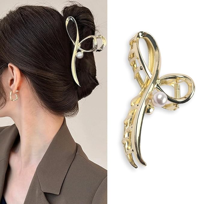 Metal Hair Clips Gold Bow Hair Claw Clips with Pearl Large Bow Claw Clip Strong Hold Nonslip Hair Jaw Clip for Thin Thick Hair Stylish Hair Accessories for Women