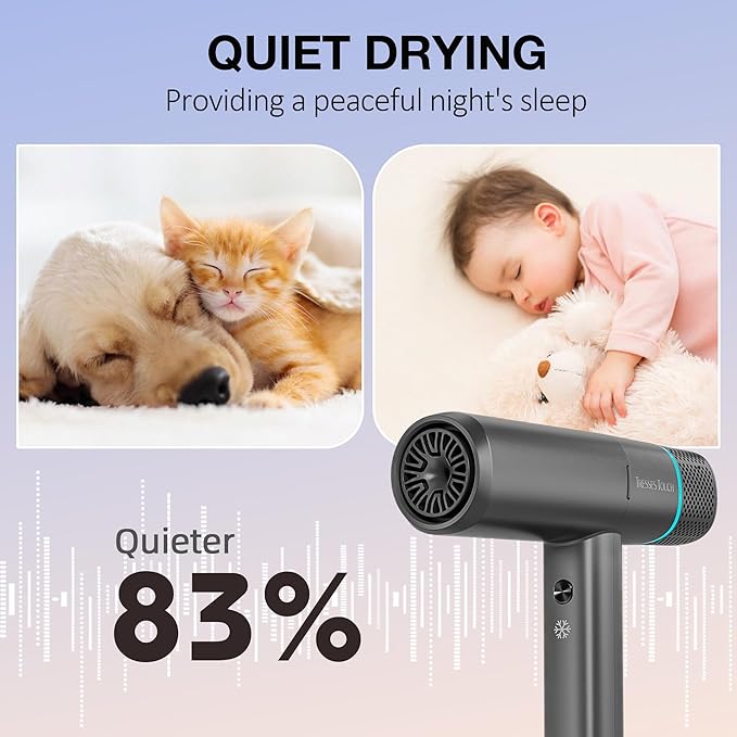 Ionic Hair Dryer with Diffuser and Concentrator, Professional Lightweight Quiet Blow Dryer, Powerful 1600 Watt Motor for Fast Drying and Straight & Wavy Hair, 3 Temps/2 Speeds, 6.56 Ft Cord, Grey