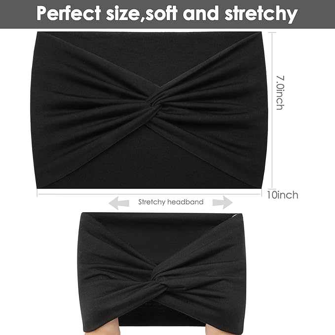 Extra Wide Headbands for Women, 7'' Large Cotton Like Turban Knotted Bandana Head Bands for Women Non Slip, Boho Headbands for Women's Hair (All Black-6Pcs, Extra Large 7" Wide)