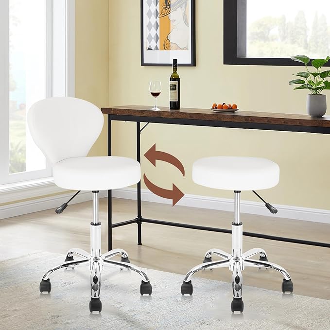 Rolling Swivel Salon Stool Chair with Back Support Adjustable Hydraulic for Office Massage Facial Spa Medical Drafting Tattoo Beauty Barber White