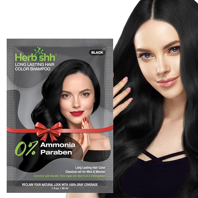 Herbishh Travel Pack Hair Dye Color Shampoo in Sachet + 1pc Argan Hair Mask Sachet (Black, 1 sachet)