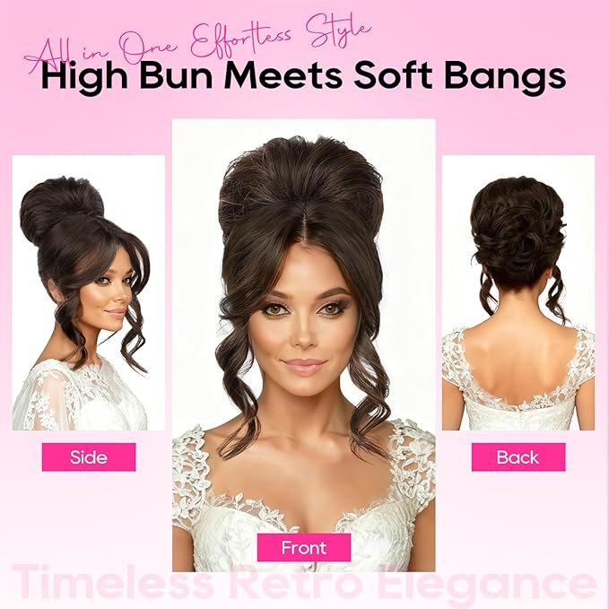 REECHO Messy Bun Hair Piece with Bangs – 2-in-1 Drawstring Ponytail Extension Updo Wig & Hair Topper with Long Side Bangs, Natural-Looking Hair Bun Hairpieces for Women - Black Brown