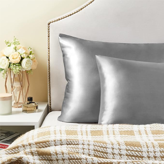 BEDELITE Satin Pillowcase for Hair and Skin, Super Soft and Cooling Similar to Silk Pillow Cases 2 Pack with Envelope Closure, Gift for Women Men(20"x30" Queen Size, Grey)