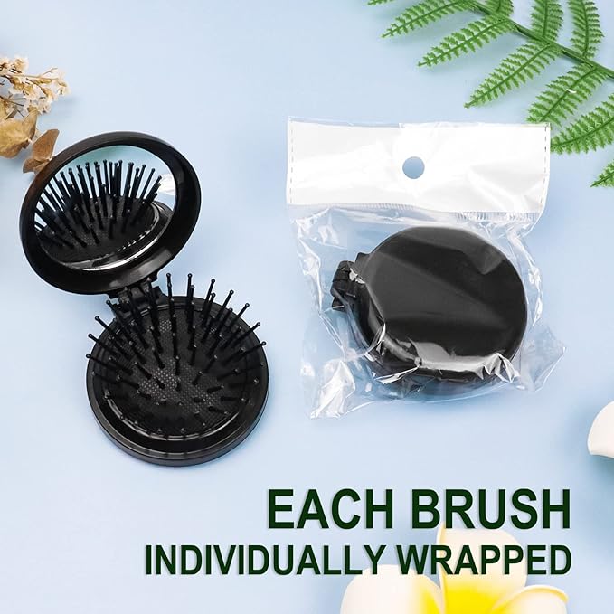 10 Pack Folding Travel Mini Hair Brush with Mirror, Round Hair Brushes Folding Pocket Hair Brush Mini Hair Comb for Women and Girls (Black)