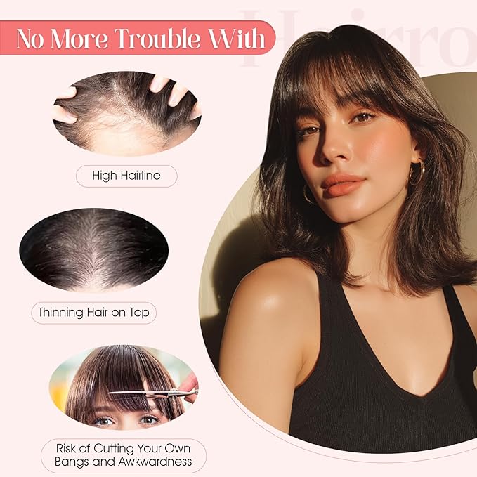 Hairro Mono Hair Toppers with Bangs, 3.4" x 3.4" Mono Base 100% Real Human Hairpieces for Women, 150% Density Clips In Topper for Greyish Thinning Hair, 16 Inch Medium Brown