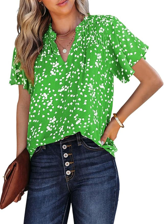 SHEWIN Women's Casual V Neck Floral Print Smocked Short Sleeve Chiffon Blouses Bohemian Top Shirts