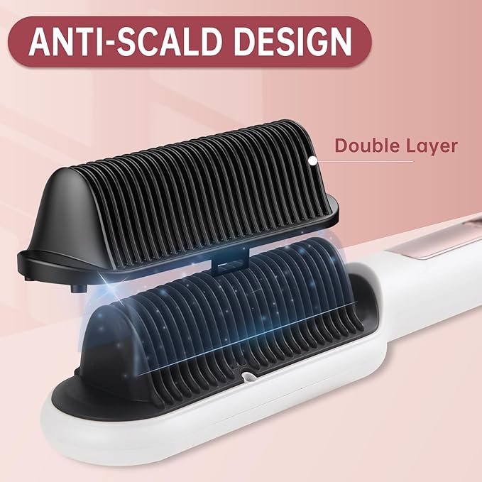 Negative Ionic Hair Straightener Brush with 9 Temp Settings, 30s Fast Heating Hair Straightening Comb with LED Display, Anti-Scald & Auto-Shut Off Hair Brush Straightener for Women (White)