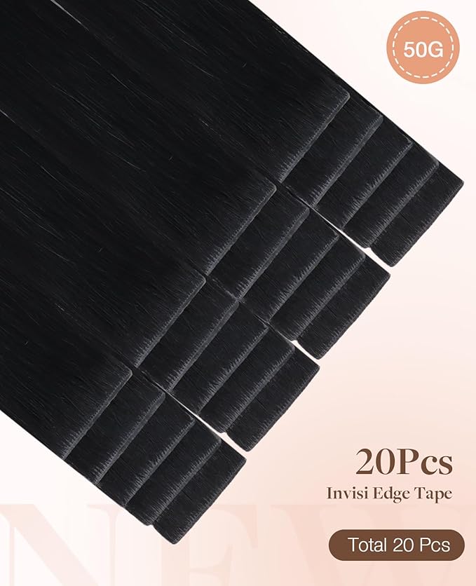 GOO GOO Invisi edge Tape in Hair Extensions Human Hair, 1 Jet black 20pcs 22inch 50g, Virgin Human Hair Tape ins, Seamless Injected Tape in Hair Extensions