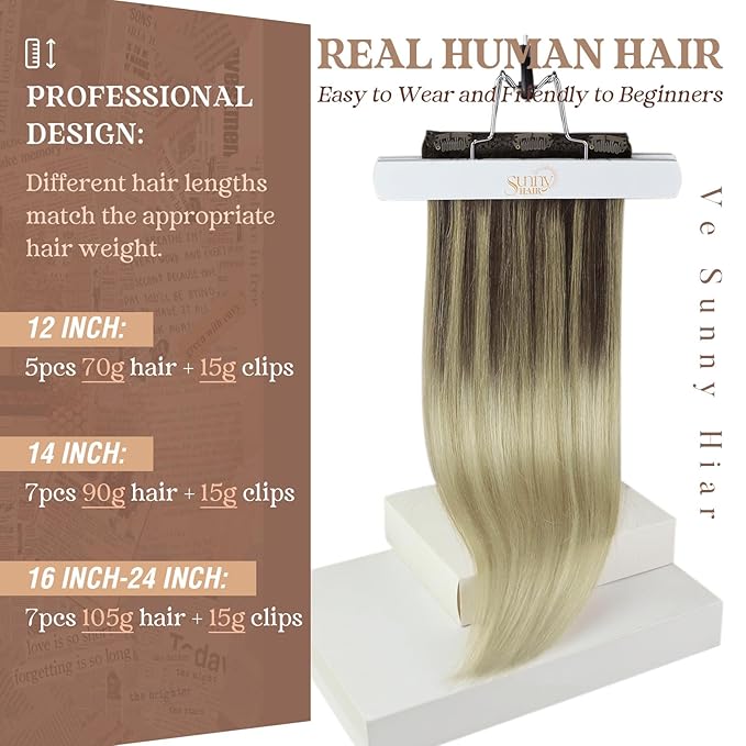 Ve Sunny Clip in Hair Extensions Real Human Hair Flexible Human Hair Clip in Extensions Ombre Hair Clip in Extensions Dark Brown Ombre Golden Blonde Mix Light Blonde Natural Look 7pcs 120g 18inch