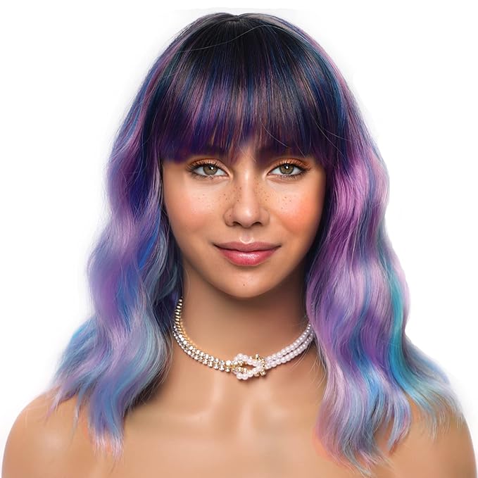 LANICE Short Bob Wigs with Bangs for Women Loose Wavy Hair Shoulder Length Colorful Mixed Wigs Synthetic Colorful Wigs for Cosplay Daily PartyUse(Colorful Mixed,12inch)