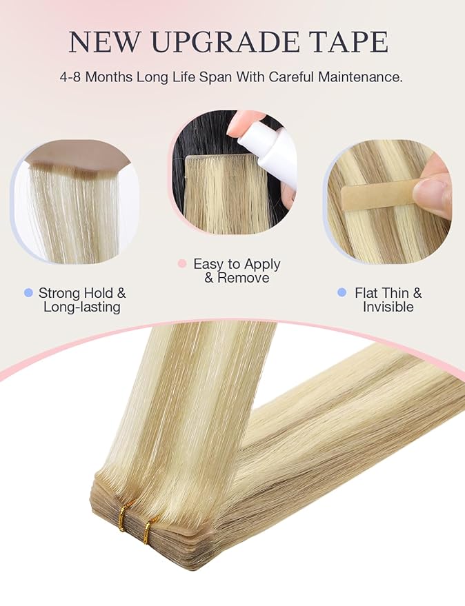 DOORES Invisi Edge Tape in Hair Extensions Real Human Hair, Light Blonde Highlighted Golden Blonde 10 Injection Tape-ins with 10 Injection Tape-ins 50g 22 Inch, Injected Tape in