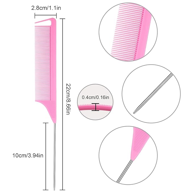 Patelai 30 Pieces Rat Tail Combs Bulk, Hair Teasing Fine Tooth Pintail Combs Braiding Hair Styling Tools with Steel Pin for Stylists Salon Teasing Sectioning Coloring Detangling(Black and Pink)