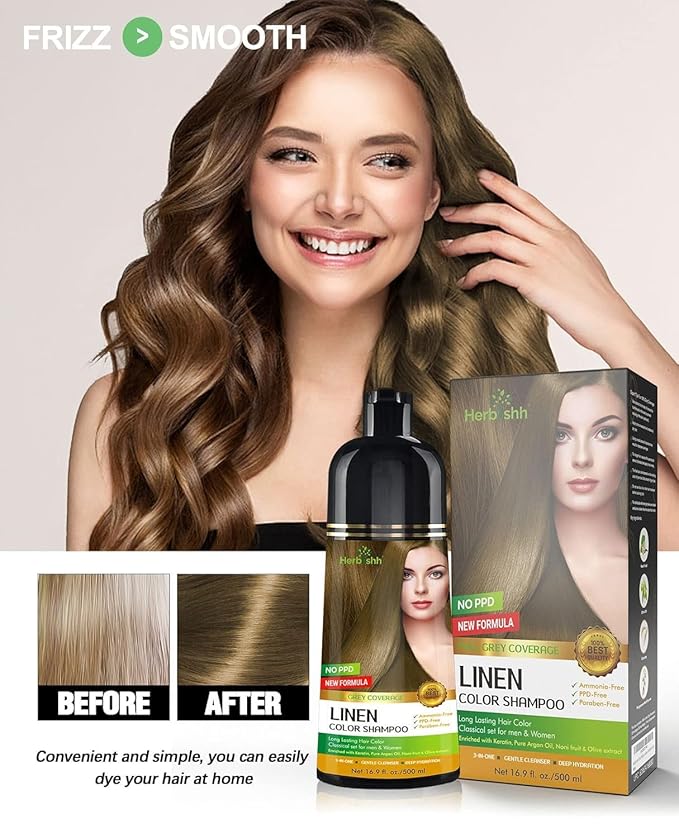 Herbishh Linen 3 In 1 Hair Dye Shampoo 16.9 Fl Oz & Argan Oil Mask 28.2 Fl Oz Combo - Champu Para Canas Mujer - Hair Dye Shampoo for Men & Women - Hair Mask For Moisturizer Dry, Damaged Hair