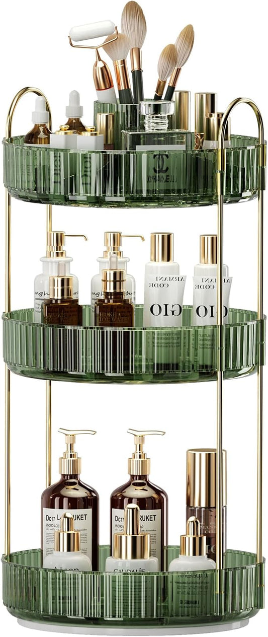 360° Rotating Makeup Organizer, Large-Capacity Skincare Make Up Storage 3 Tier Perfume Organizers Cosmetic Dresser Organizer with Makeup Brush Holder, Fits Bedroom, Bathroom, Vanity Shelf Countertop