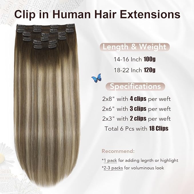 XDhair Clip in Hair Extensions Human Hair 120g 20 Inch 6pcs Balayage Color 3 Darker Brown to 8 Ash Brown and 22 Golden Blonde Double Drown Clip in Hair Extensions(20”, 3/8/22)