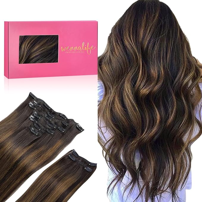 WENNALIFE Clip in Hair Extensions, 150g 24 Inch 9pcs Balayage Dark Brown to Chestnut Brown Remy Hair Thicker Double Weft Extensiones De Cabello Humano Con Clip Ins Straight Full Volume