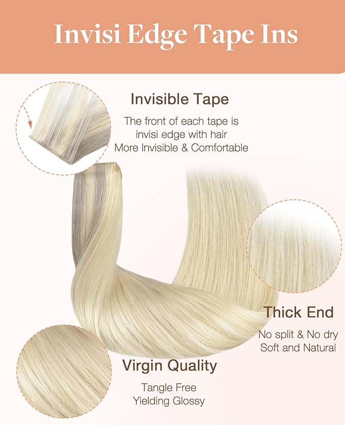 GOO GOO Invisi Edge Tape in Hair Extensions Human Hair, 17/22/60 Balayage Ash Blonde to Golden Blonde and Platinum Blonde, 20pcs 20inch 50g, Virgin Remy Hair, Seamless Injected Tape, Natural Look