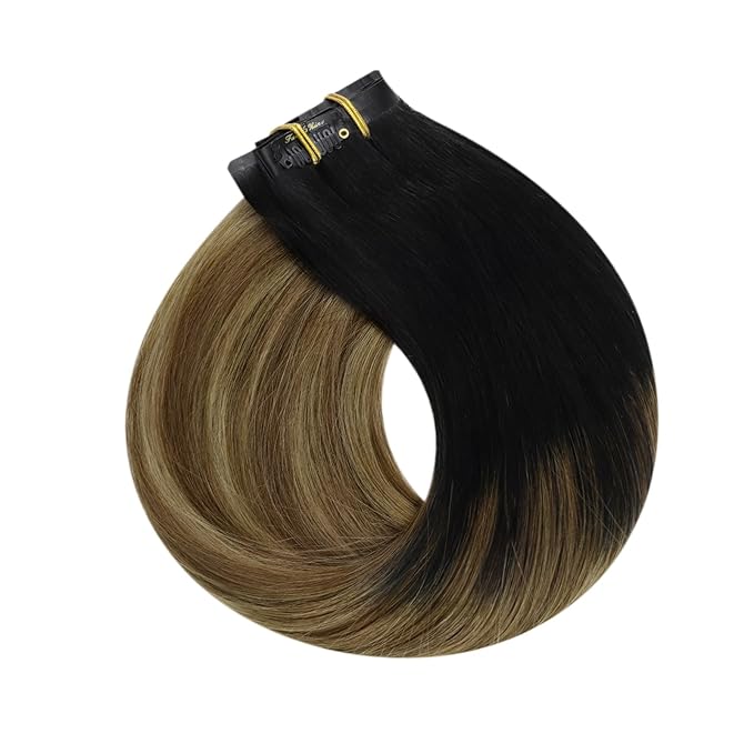 Full Shine Balayage Clip in Hair Extensions Real Human Hair 16 Inch Black to Light Brown with Honey Blonde Invisible Hair Extensions Ease of Use 8 PCS 120 G