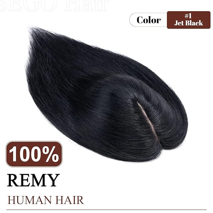 SEGO Hair Topper for Women, No Bangs Real Human Hair Topper with Anti-Slip Clips (10 Inches #1 Jet Black)