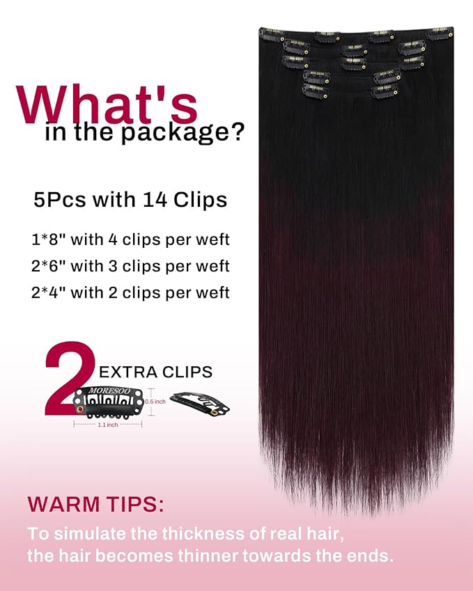 Moresoo Dark Red Clip in Hair Extensions Human Hair Black to Burgundy Balayage for Women Ombre Natural Black to Deep Red Hair Extensions Clip ins Short 10inch Double Weft 80g/5pcs