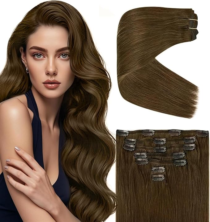 Ve Sunny 24 inch Human Hair Extensions Clip ins Cool Ash Brown Real Hair Extensions Clip in Human Hair Double Weft Remy Hair Extensions 7pcs 120g