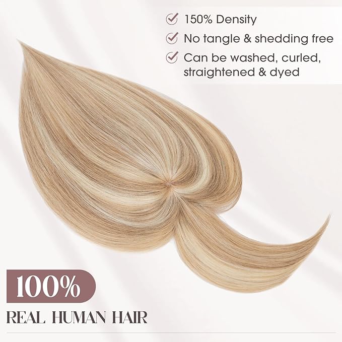 MY-LADY Human Hair Toppers for Women Real Human Hair with Bangs Thin 8.5 * 8.5CM Mono Base Clip in Remy Hairpieces Light Weight 10 Inch Golden Brown Mixed Bleach Blonde
