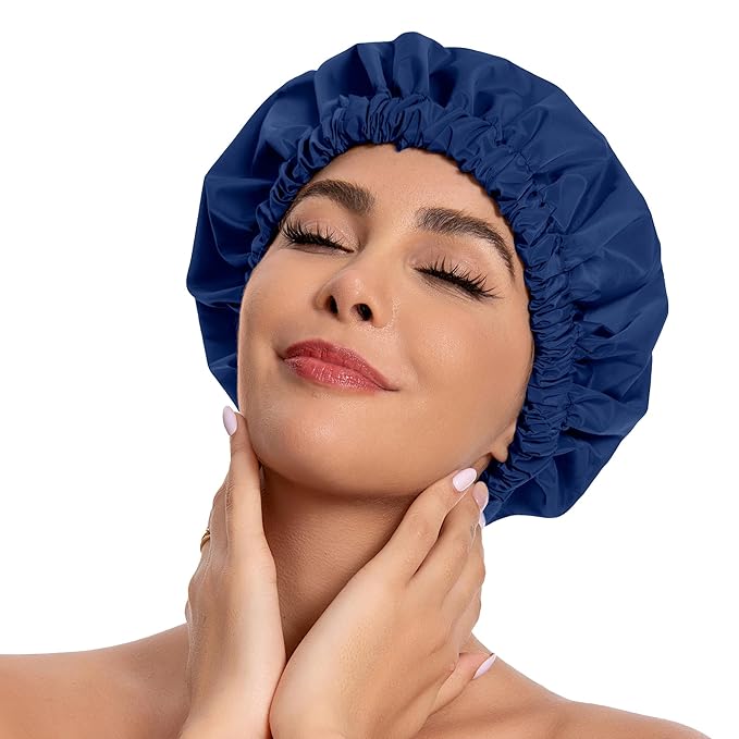 Reusable Shower Cap for Women, Stylish Large Waterproof Shower Bonnet Washable Wide Elastic Band Hair Cap for Long Hair, Braids Bath Hat(Navy)